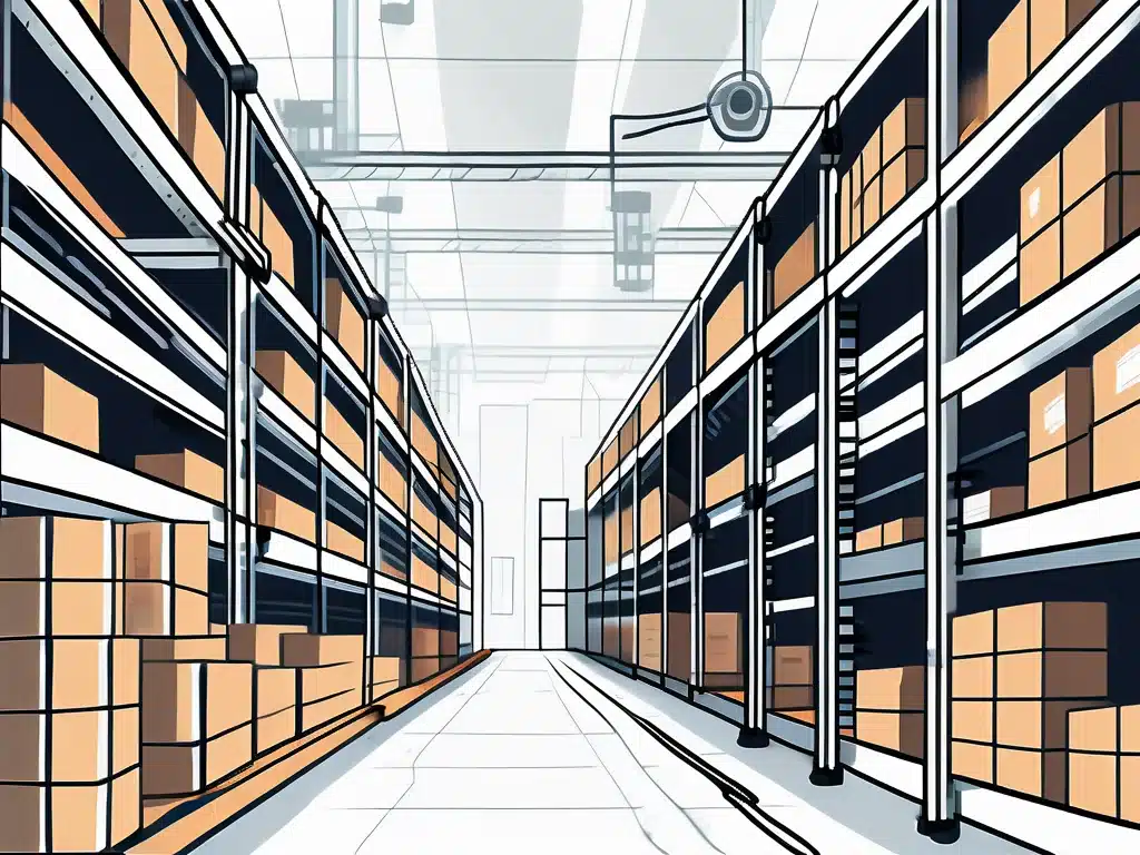 Warehouse interior with organized storage shelves and inventory boxes on metal racks