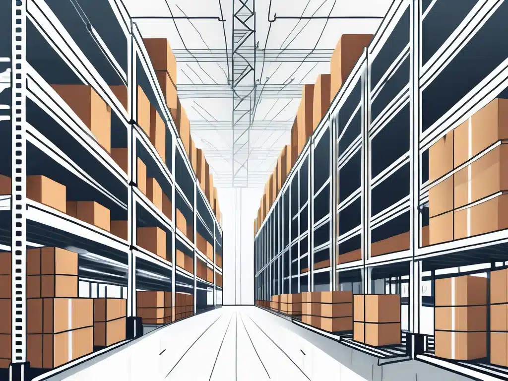 Modern warehouse interior with tall metal shelving systems storing cardboard boxes