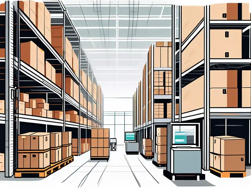 Modern warehouse interior with tall storage shelves, boxes, and automated robots for efficient operations
