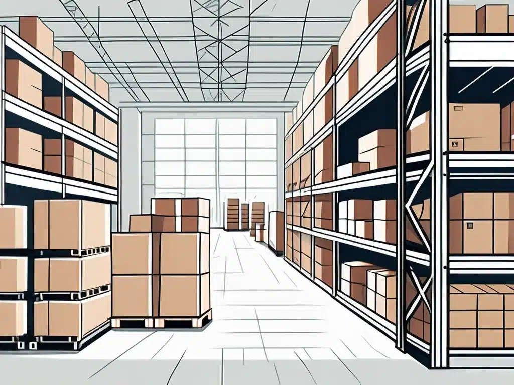 Modern warehouse interior with organized shelving systems and cardboard boxes on pallets