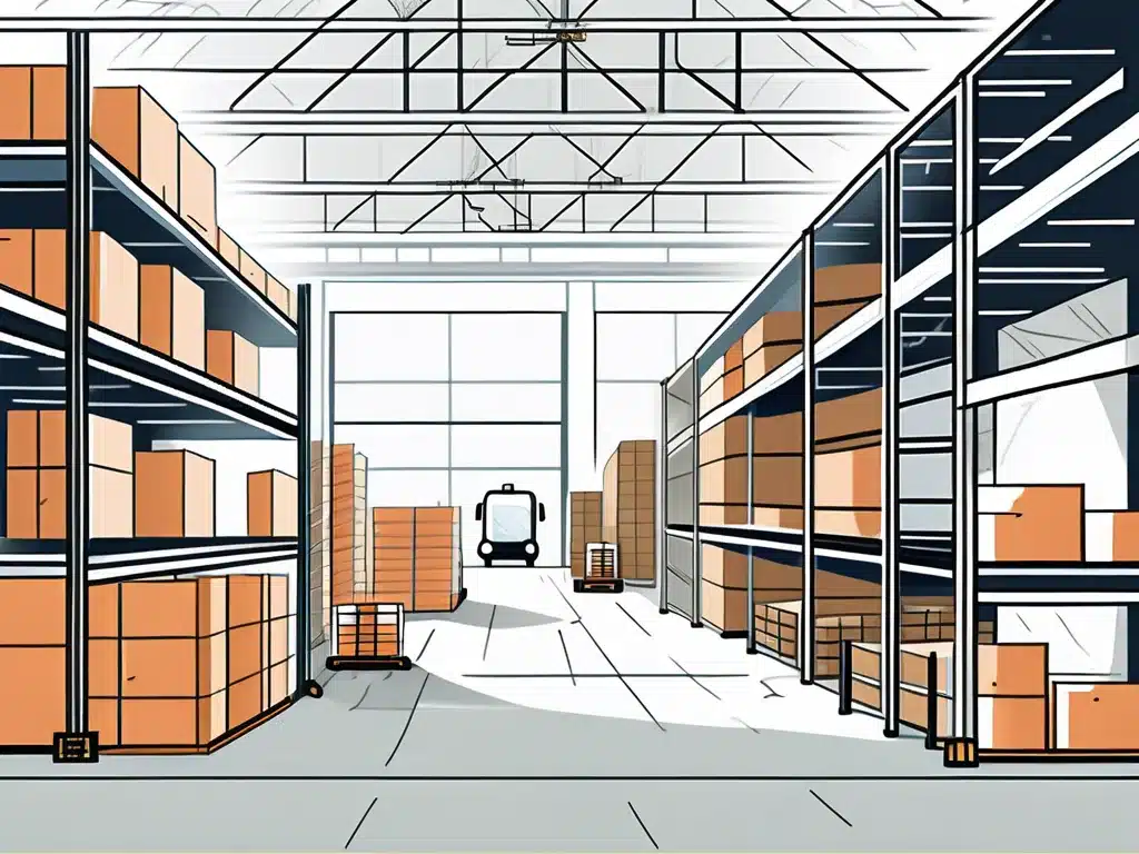 Modern warehouse interior with organized shelving systems and automated vehicle for efficient operations
