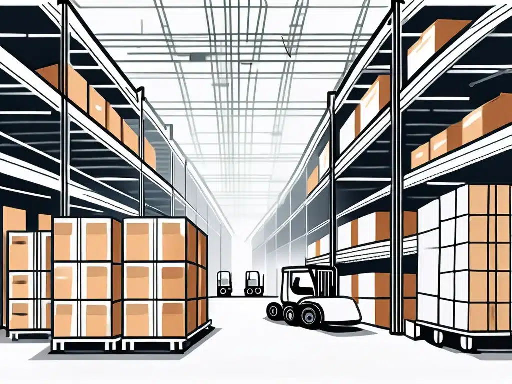 Modern warehouse interior with organized shelving, palletized inventory, and forklift operations