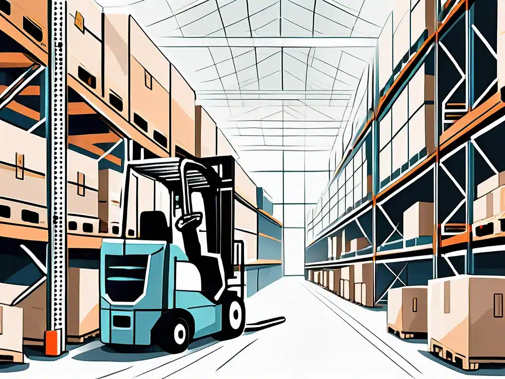 Blue forklift operating in modern warehouse with tall storage racks and boxes
