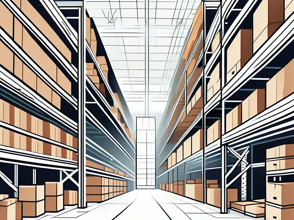 Modern warehouse interior with tall shelving racks storing cardboard boxes and efficient organization