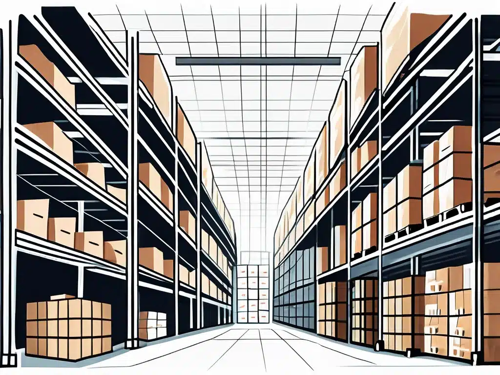 Modern warehouse interior with tall shelving units storing cardboard boxes and inventory