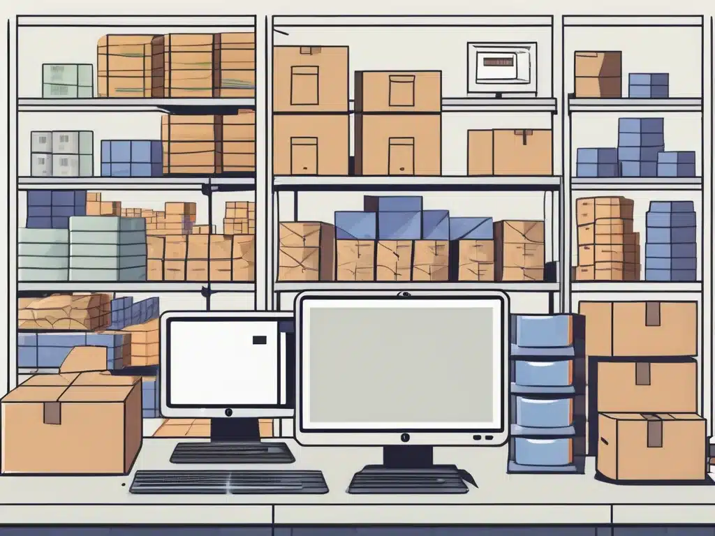 Computer monitors displaying inventory management software interface with warehouse shelves and storage boxes