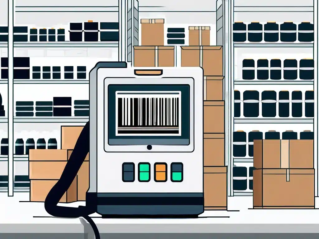 Barcode scanner device scanning inventory in warehouse with shelves of products and boxes