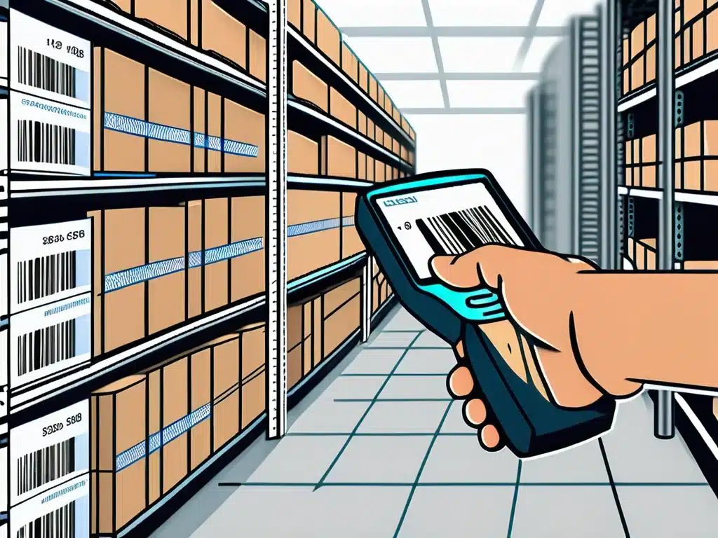 Handheld barcode scanner reading inventory in modern warehouse with shelved boxes
