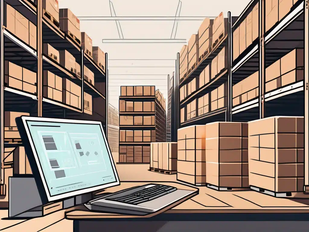 Warehouse with laptop displaying inventory management software interface and organized boxes on shelves