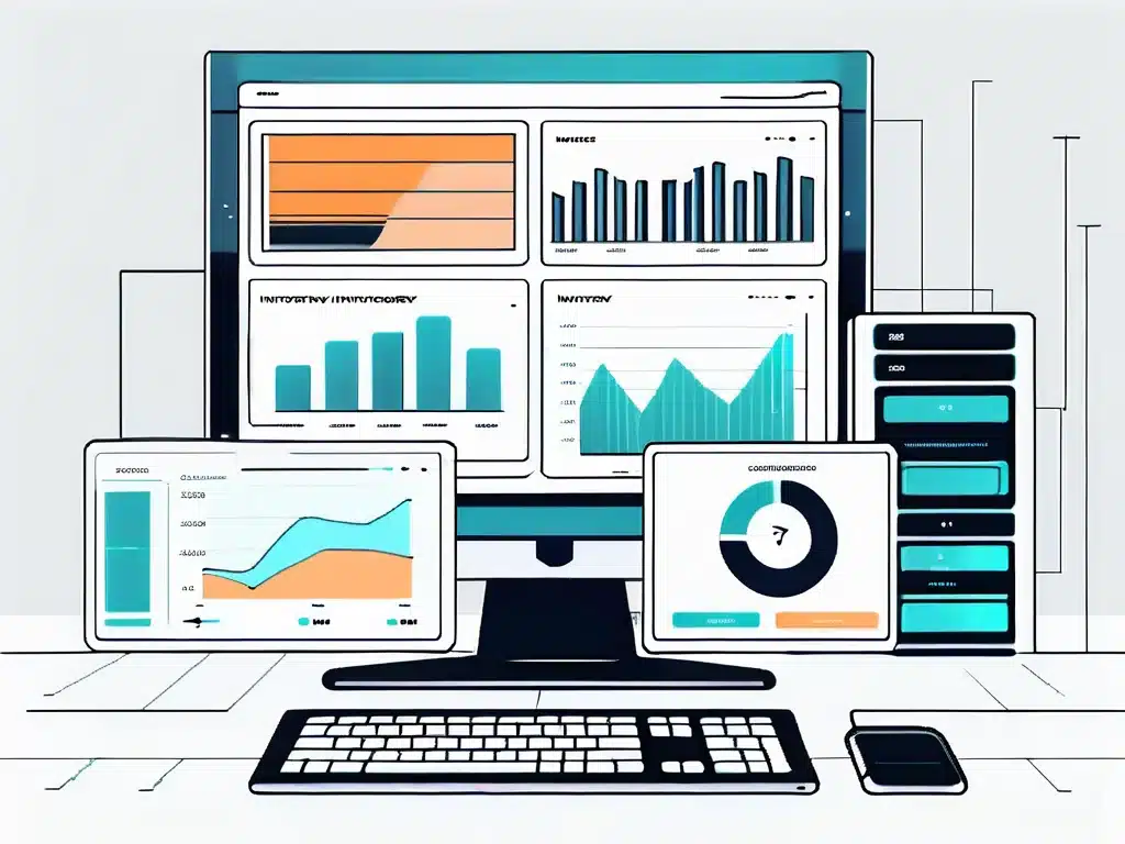 Multiple computer screens displaying inventory tracking dashboards with charts and analytics data