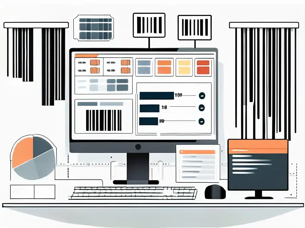 Inventory management software dashboard displaying barcode tracking, analytics charts, and data visualization tools