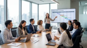 Business team meeting in conference room with project timeline presentation on screen