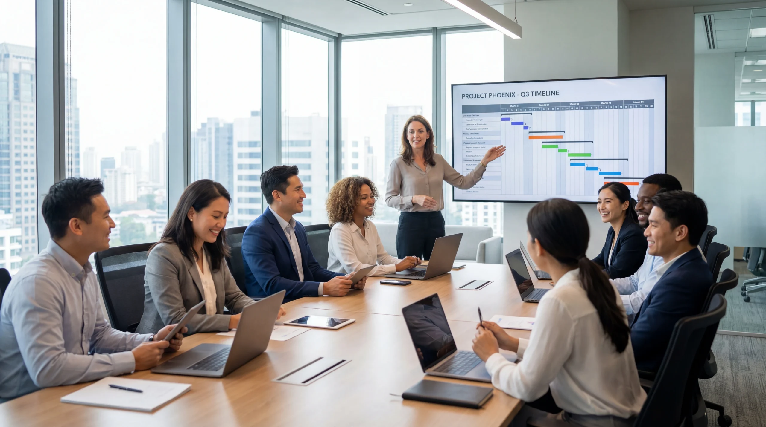 Project manager leading WMS implementation meeting