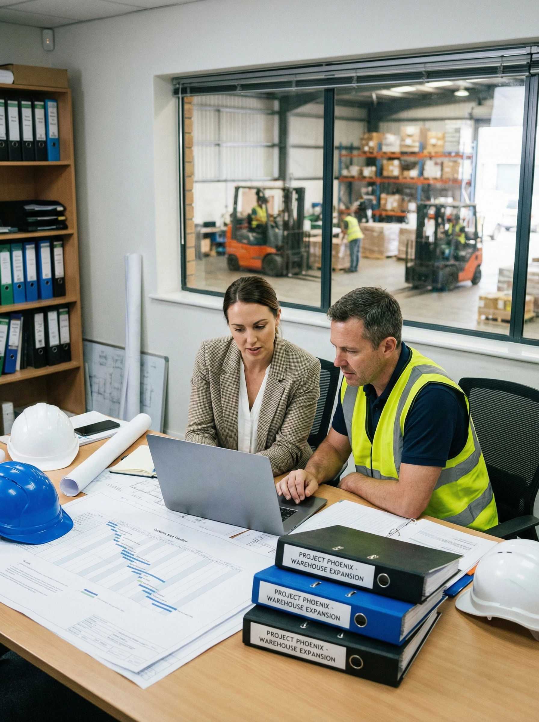 Project manager reviewing timeline with warehouse supervisor
