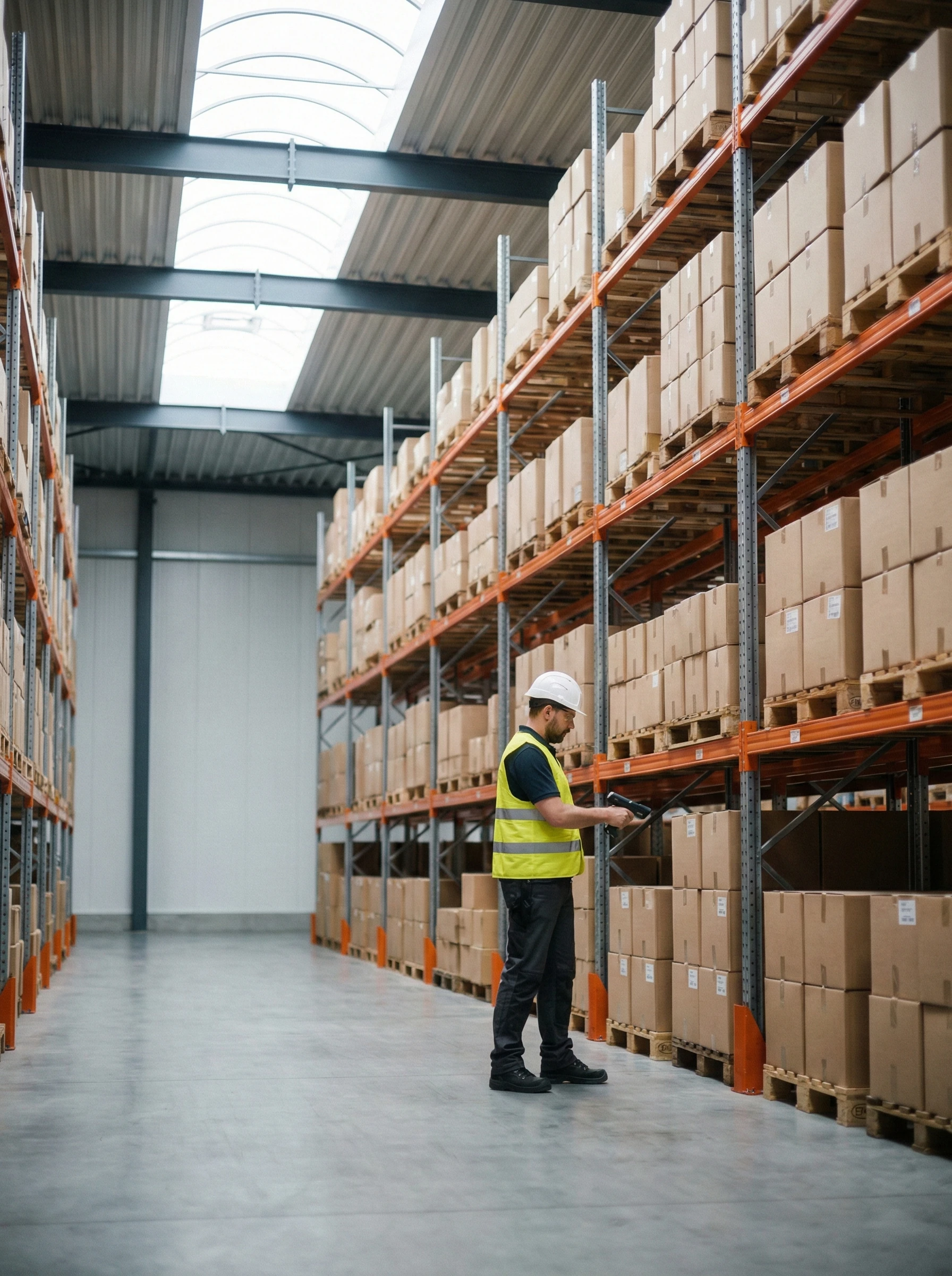 Warehouse worker with RF scanner checking inventory on organized shelving