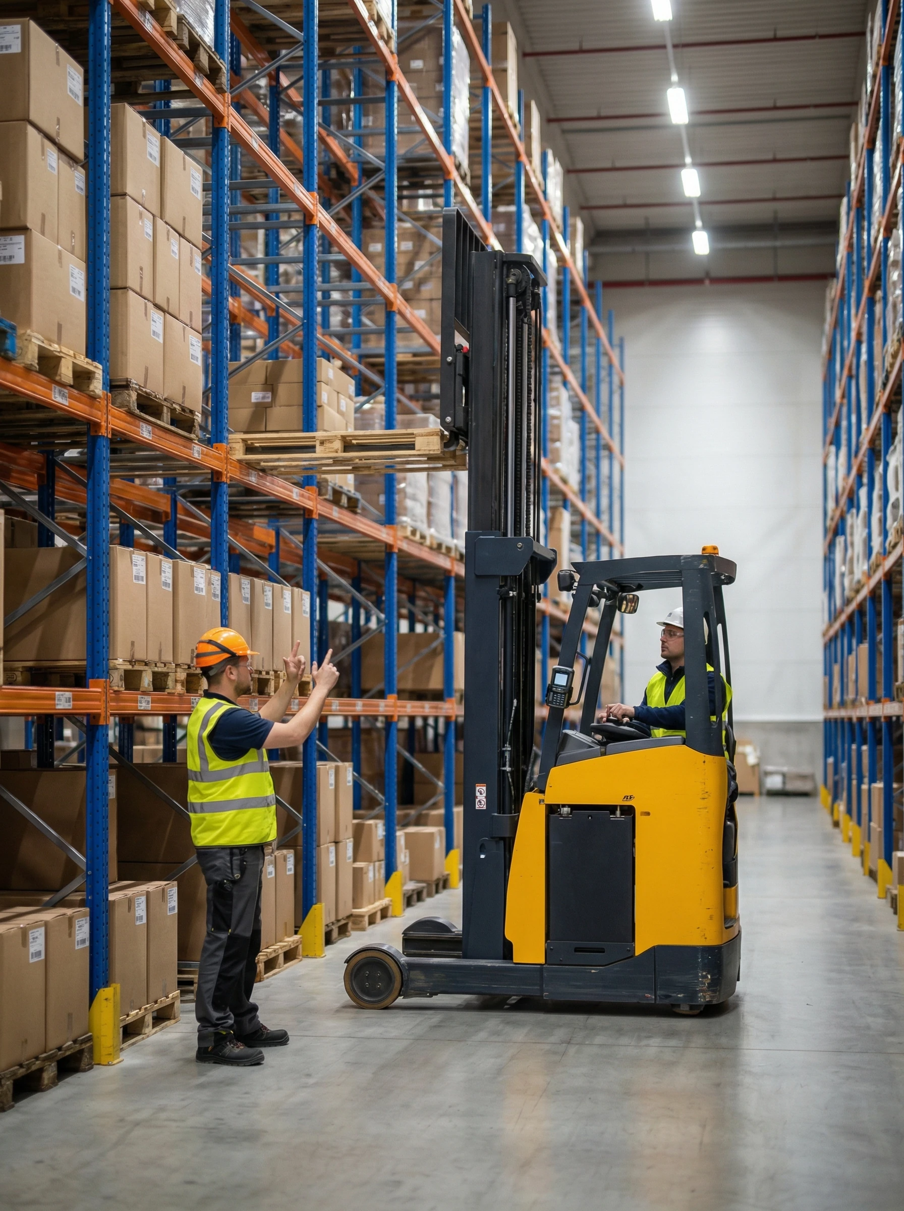 Warehouse worker directing forklift to optimal storage location with tall racking system