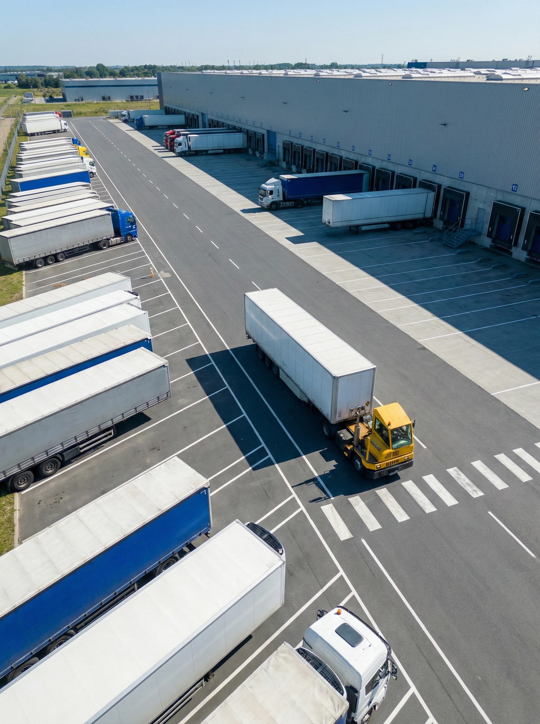Aerial view of warehouse yard with trucks and trailers