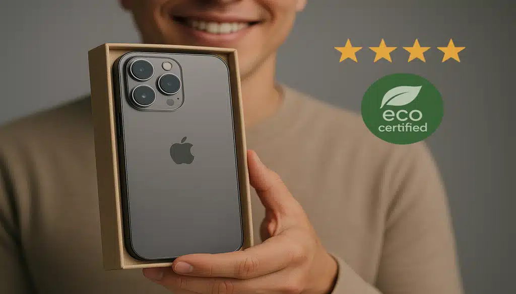 Smiling customer holding iPhone with four-star rating and eco-certified badge overlay