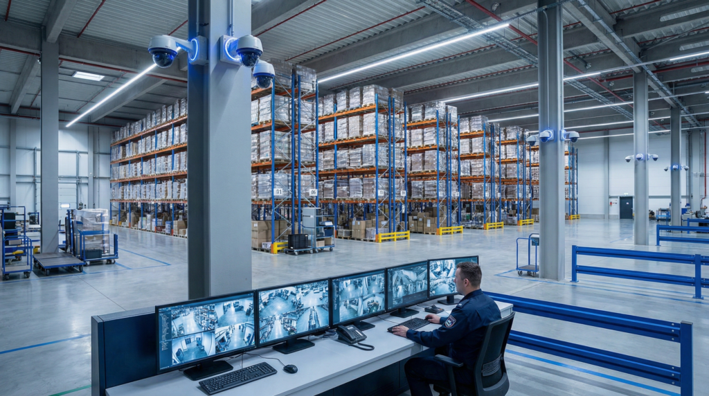 Modern warehouse interior with ceiling-mounted security cameras monitoring organized storage racks and worker in safety vest