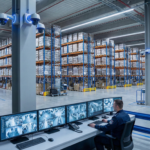 Modern warehouse interior with ceiling-mounted security cameras monitoring organized storage racks and worker in safety vest