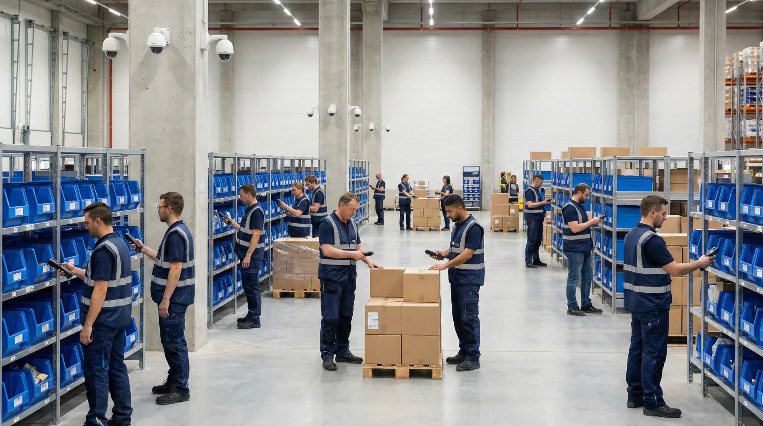 Workers following warehouse security protocols