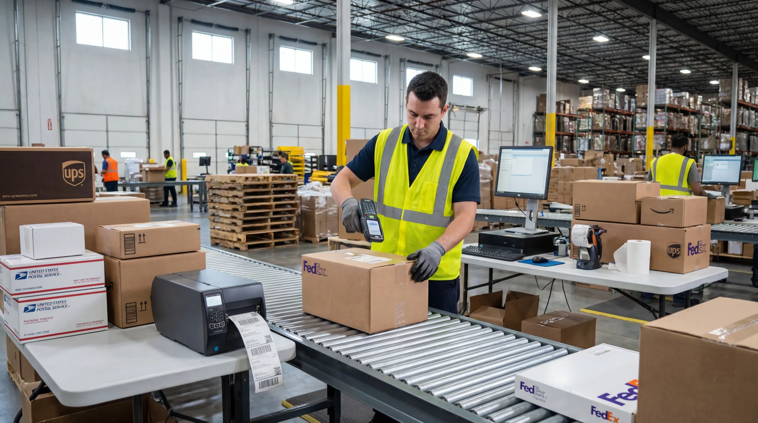 Warehouse shipping station with multiple carrier boxes and thermal label printer