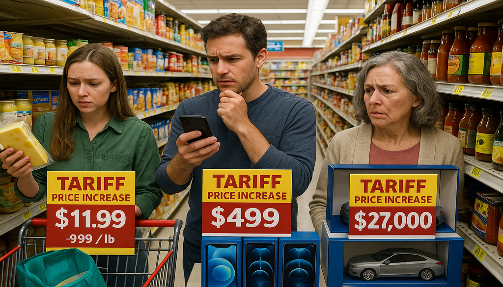Three concerned shoppers in grocery store examining tariff price increases on food, electronics, and cars