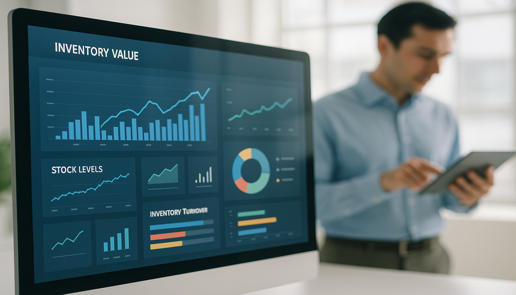 Business professional analyzing inventory management dashboard with stock levels and safety stock data