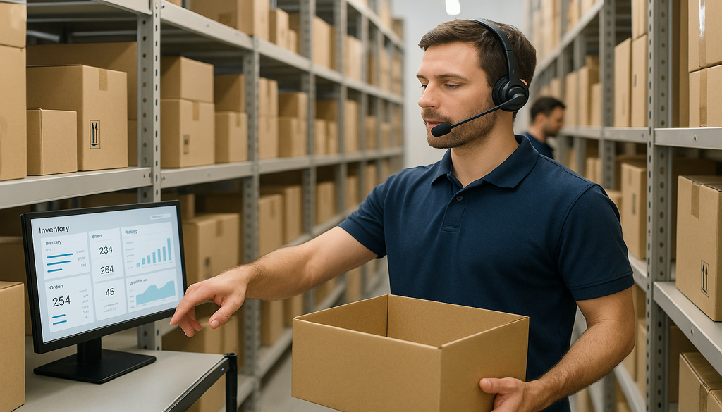 Warehouse worker with headset managing inventory system while holding cardboard box for order fulfillment