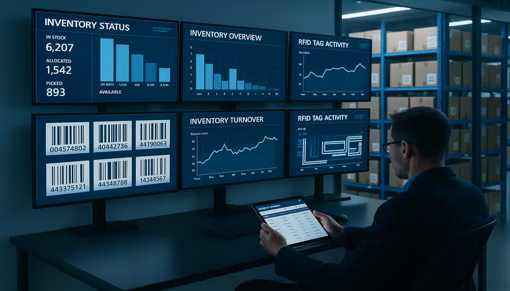 Warehouse manager monitoring inventory tracking dashboard with RFID technology and stock data analytics