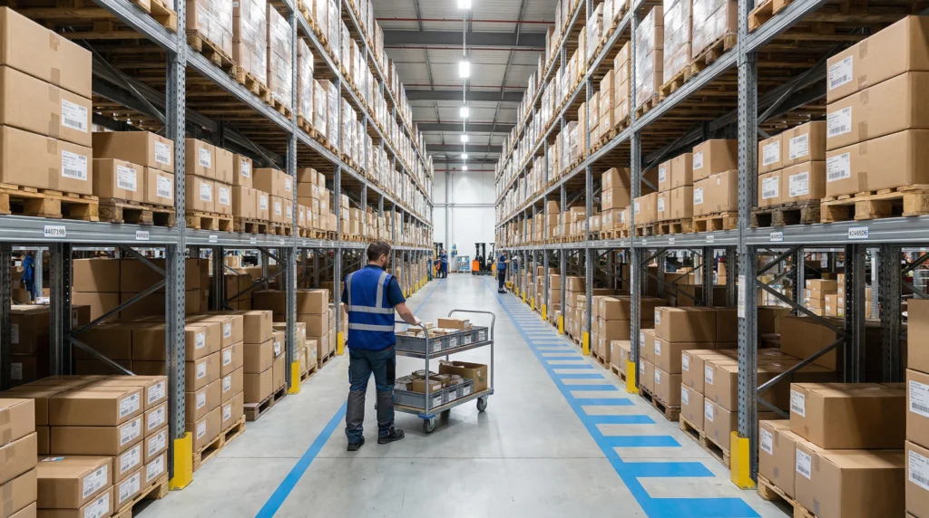 Warehouse worker pushing cart in aisle