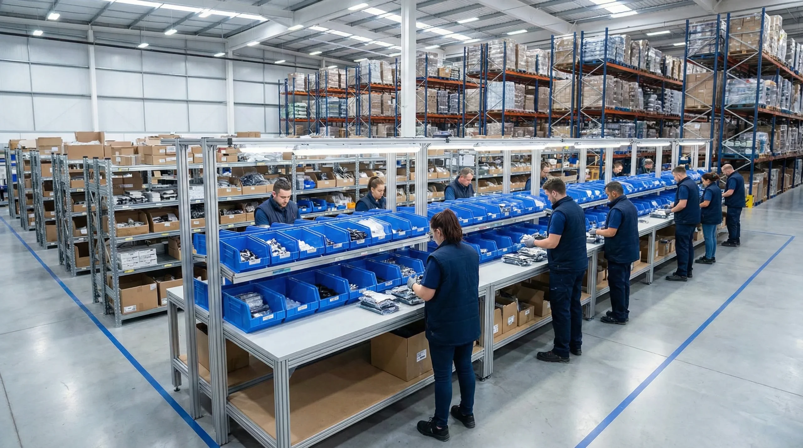 Workers assembling product kits in organized warehouse