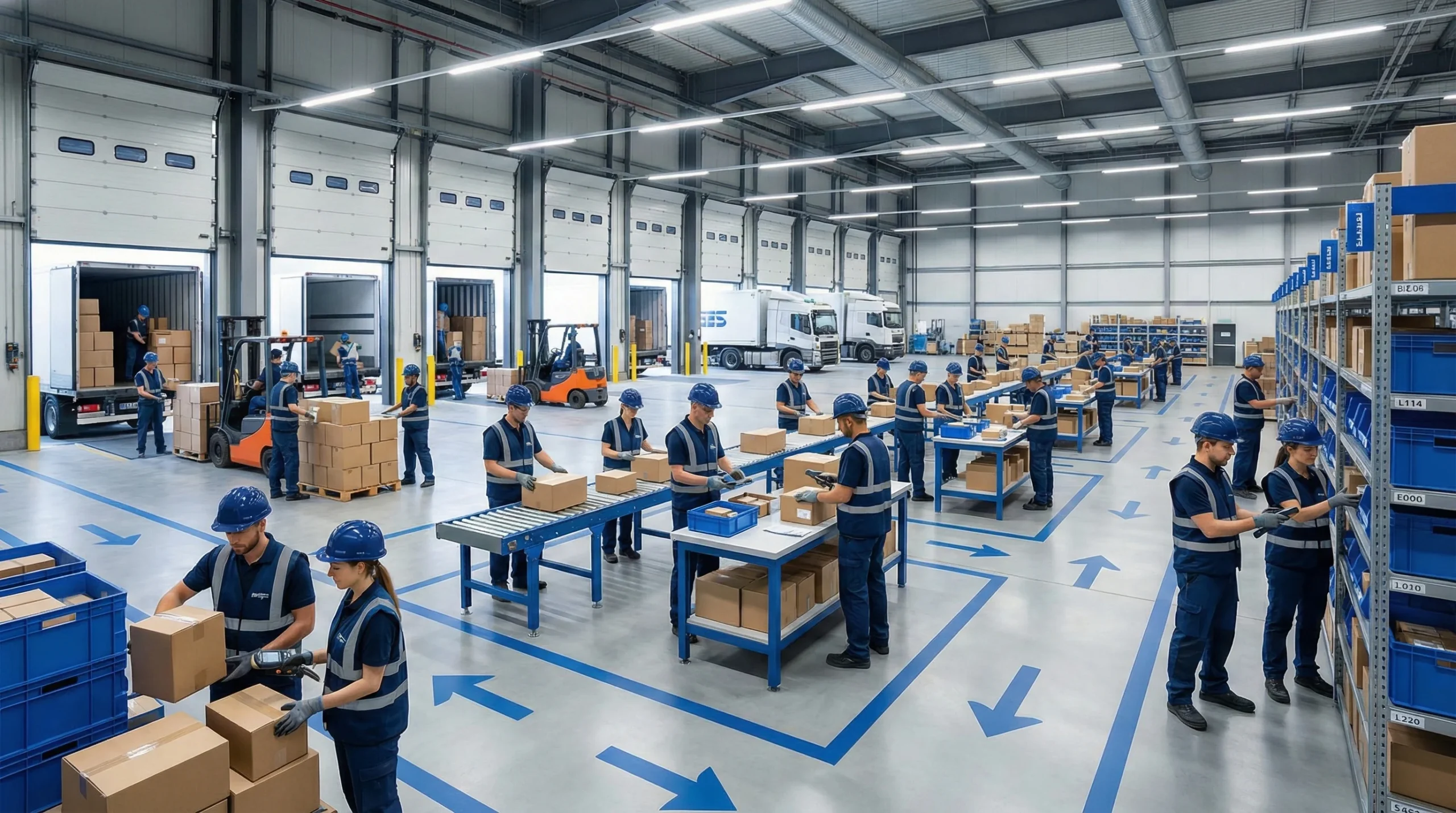 Wide shot showing coordinated warehouse workflow processes