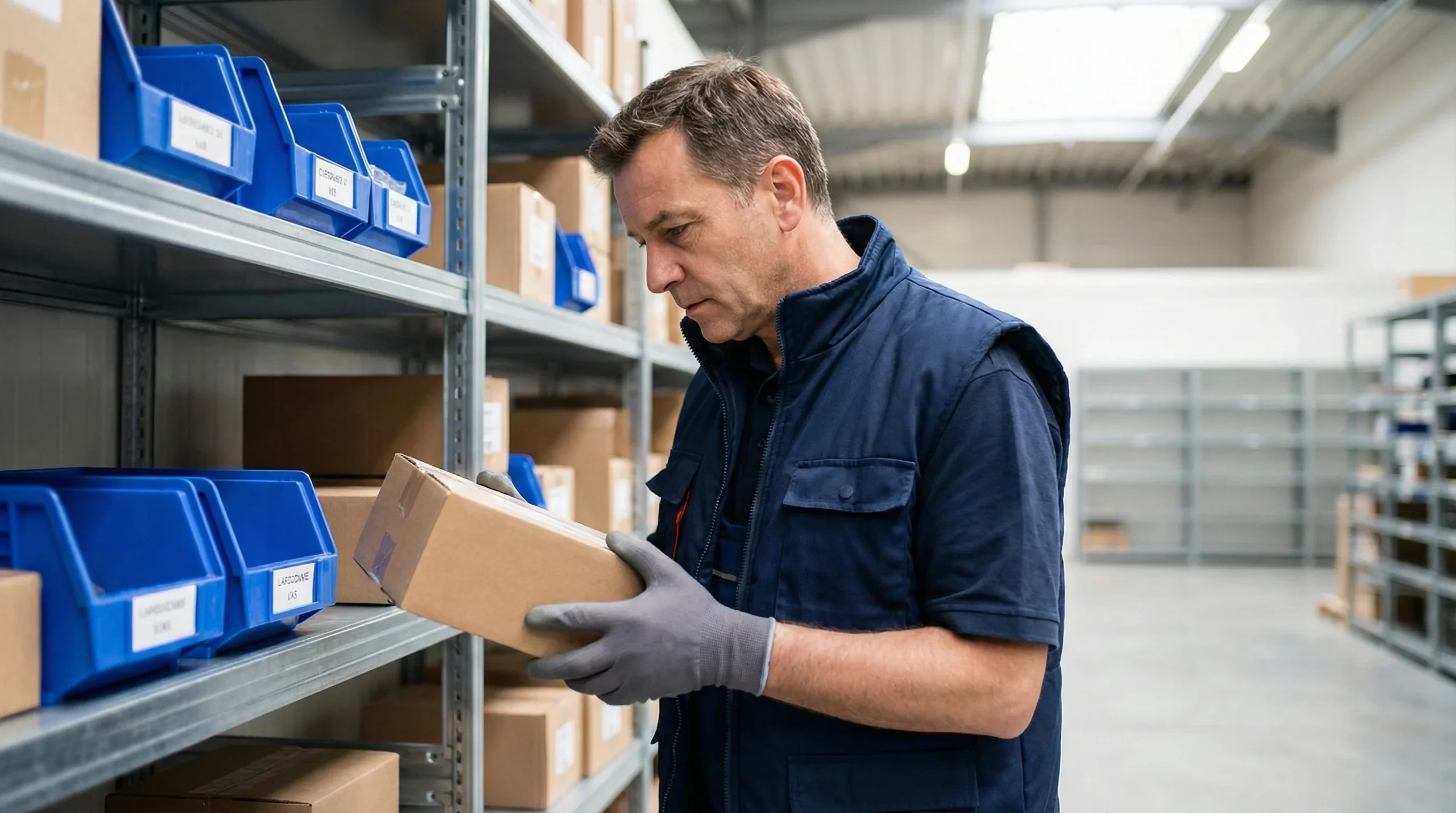 Worker carefully selecting items from minimal inventory shelving