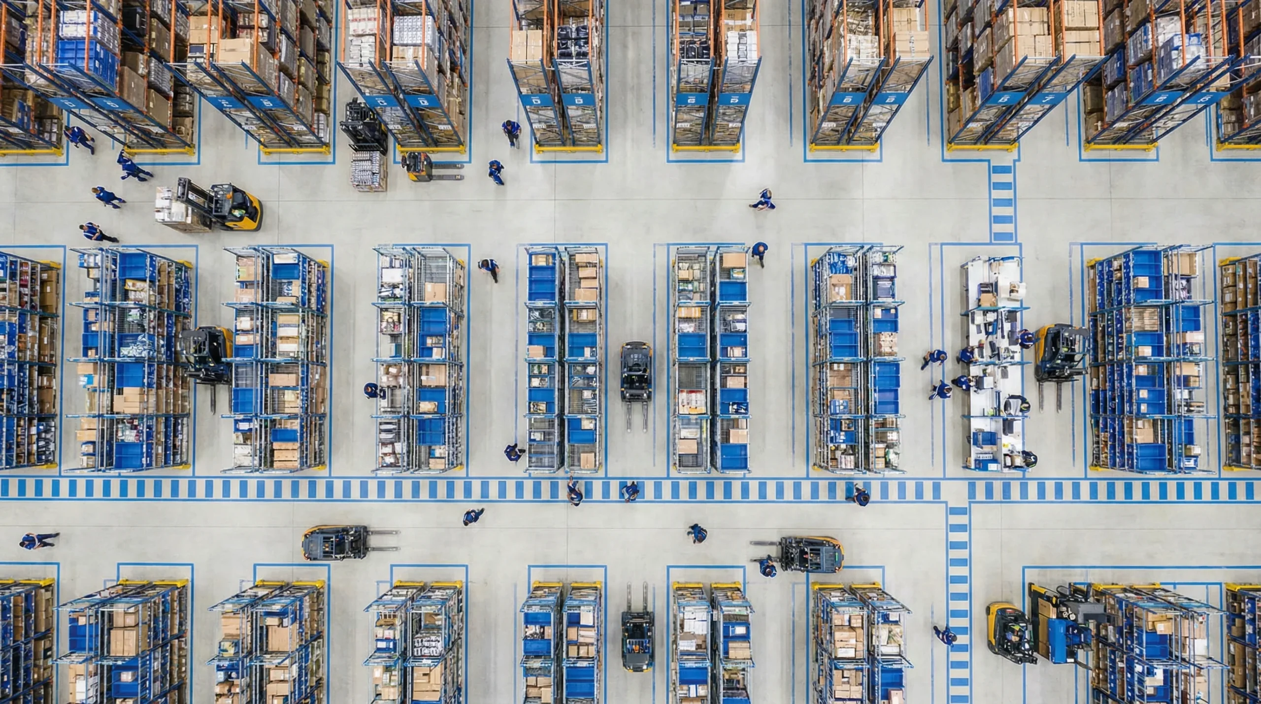 Overhead view of organized warehouse floor operations