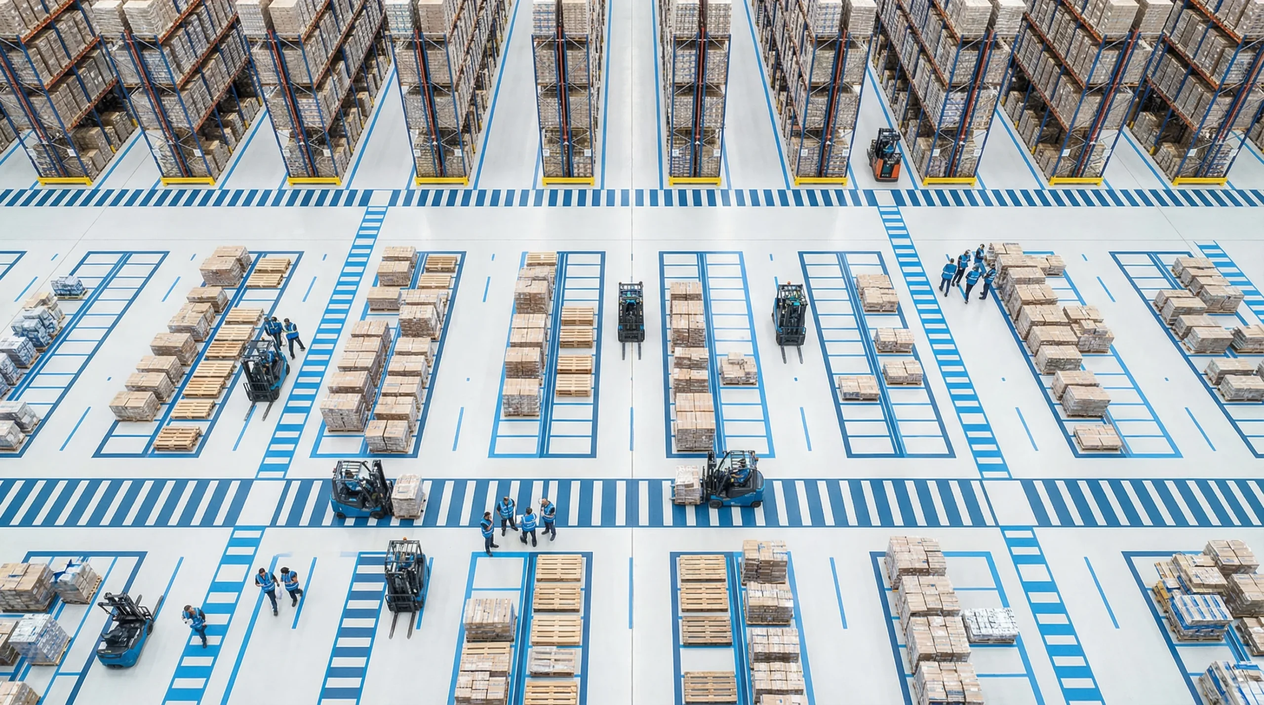 Aerial view of organized warehouse floor