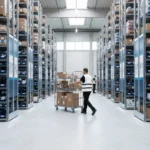 Warehouse aisle with organized shelves.
