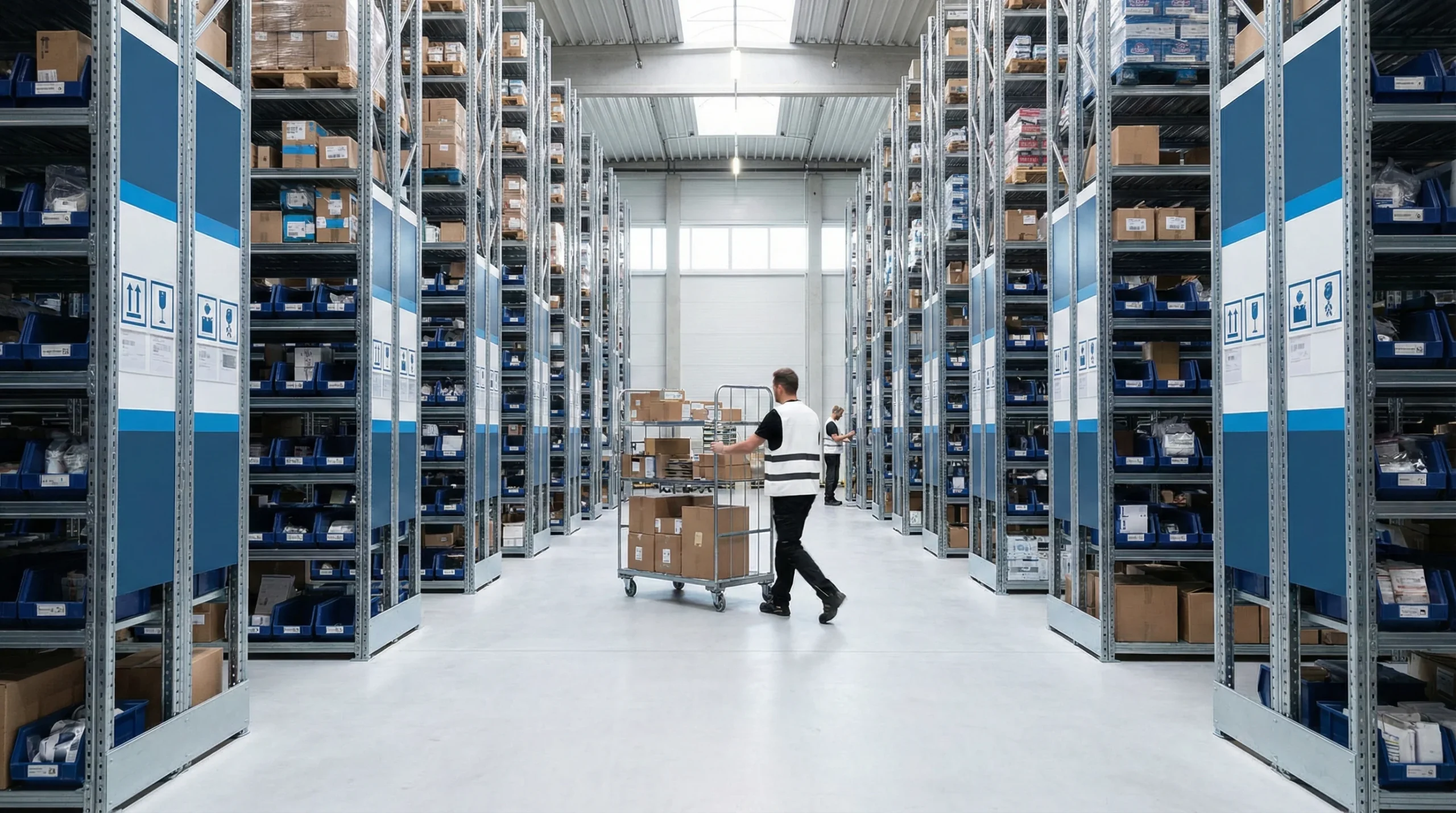 Warehouse aisle with organized shelves.