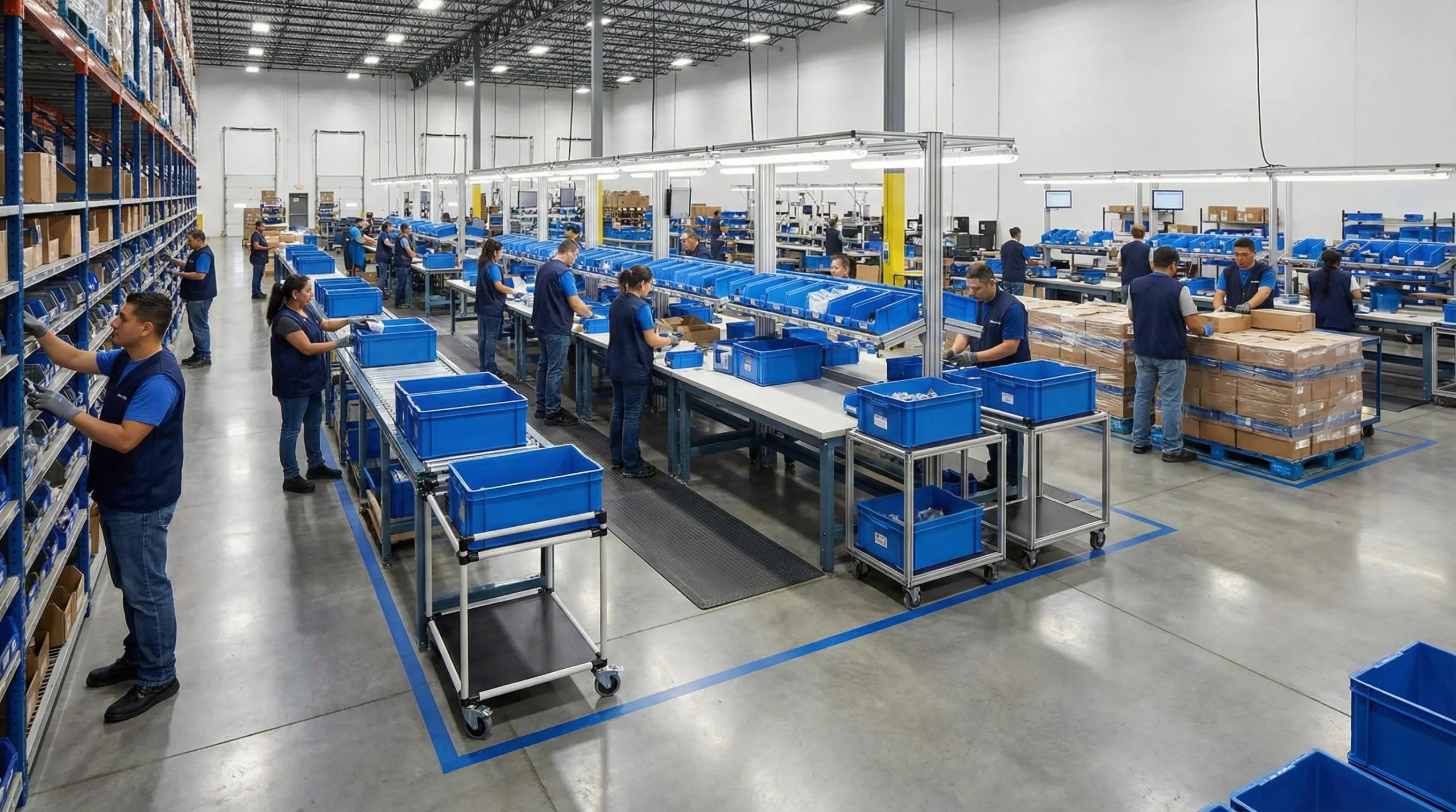 Wide view showing complete warehouse kitting workflow