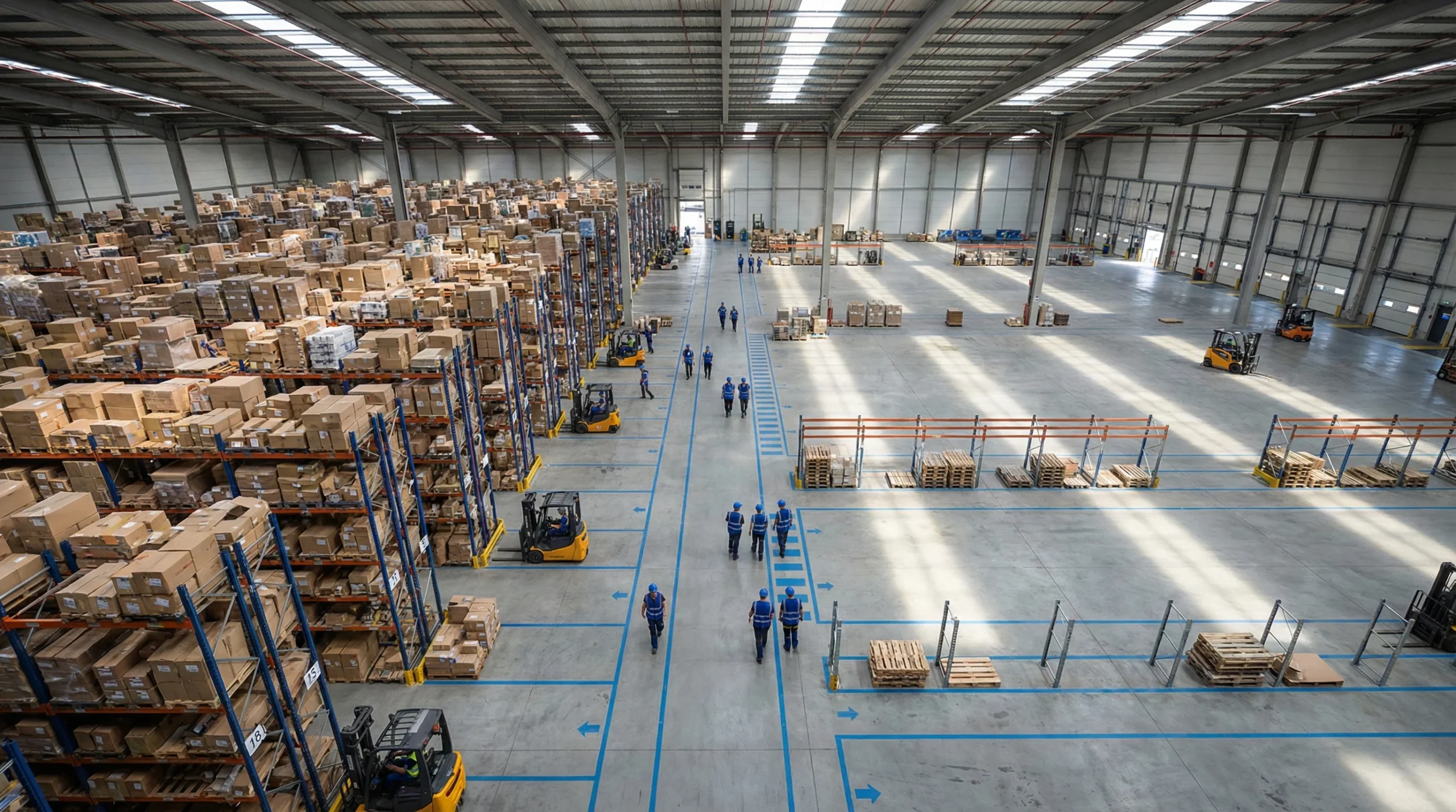 Aerial warehouse view showing different inventory density zones