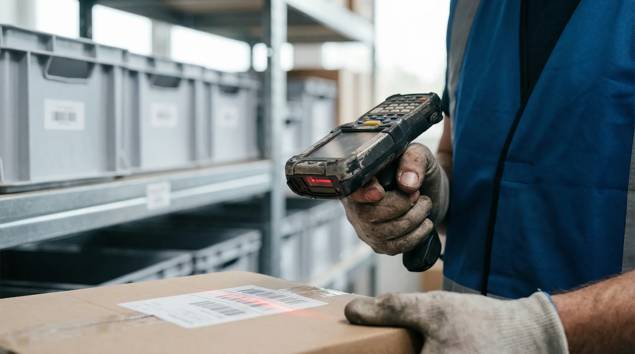 Warehouse worker scanning barcode on package