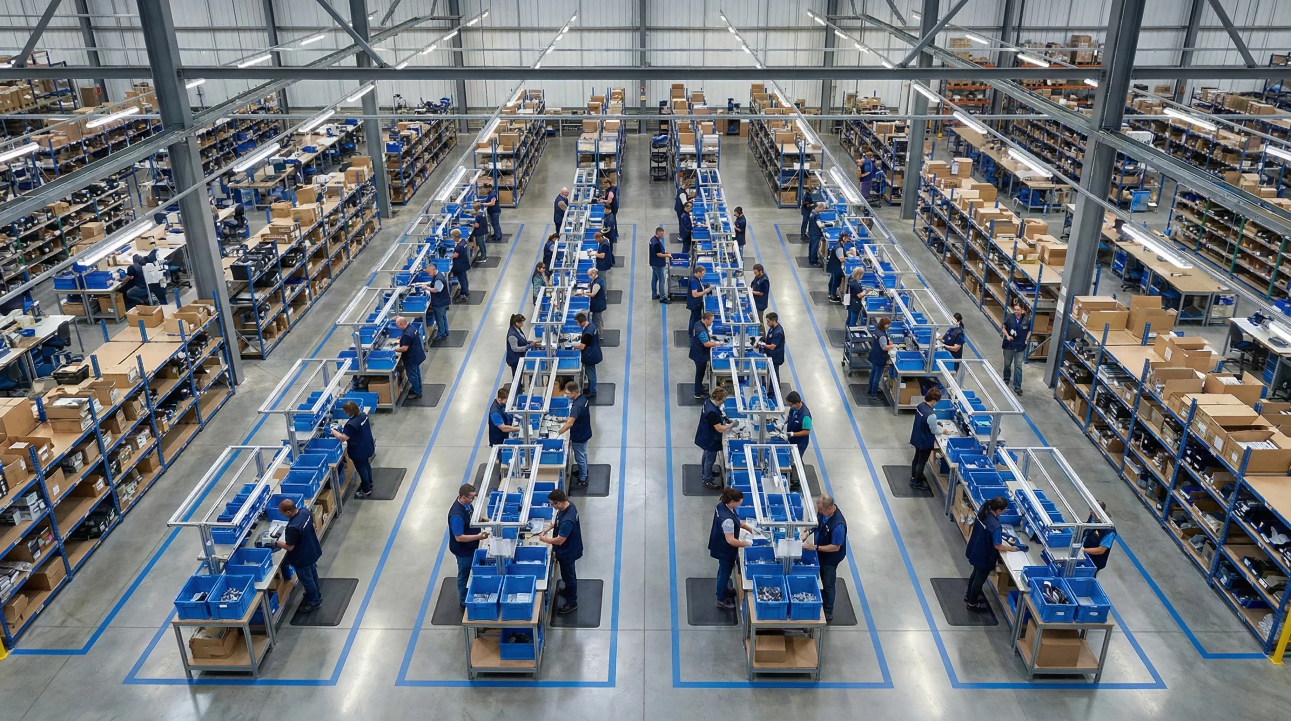 Aerial view of organized warehouse kitting stations