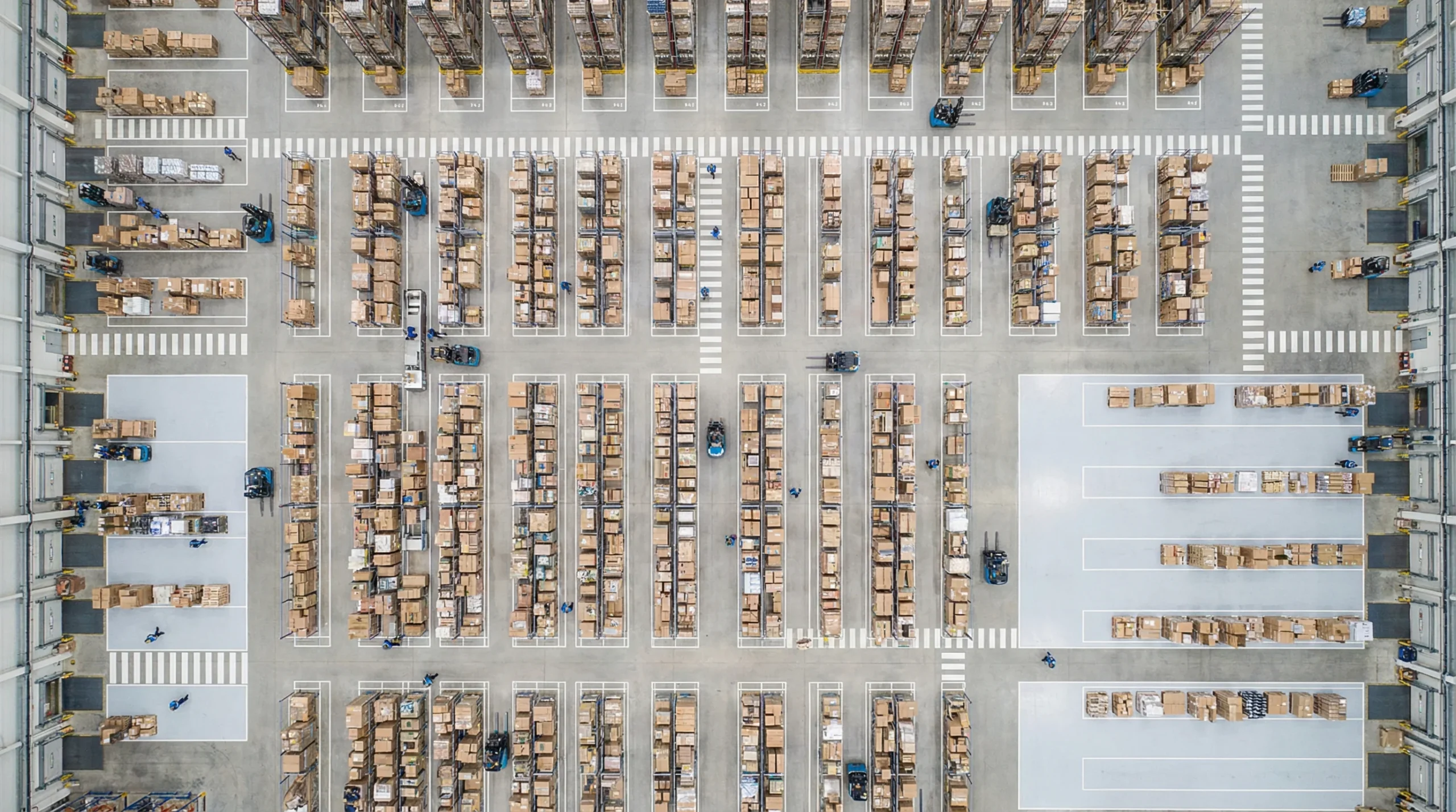 Overhead view of organized warehouse layout