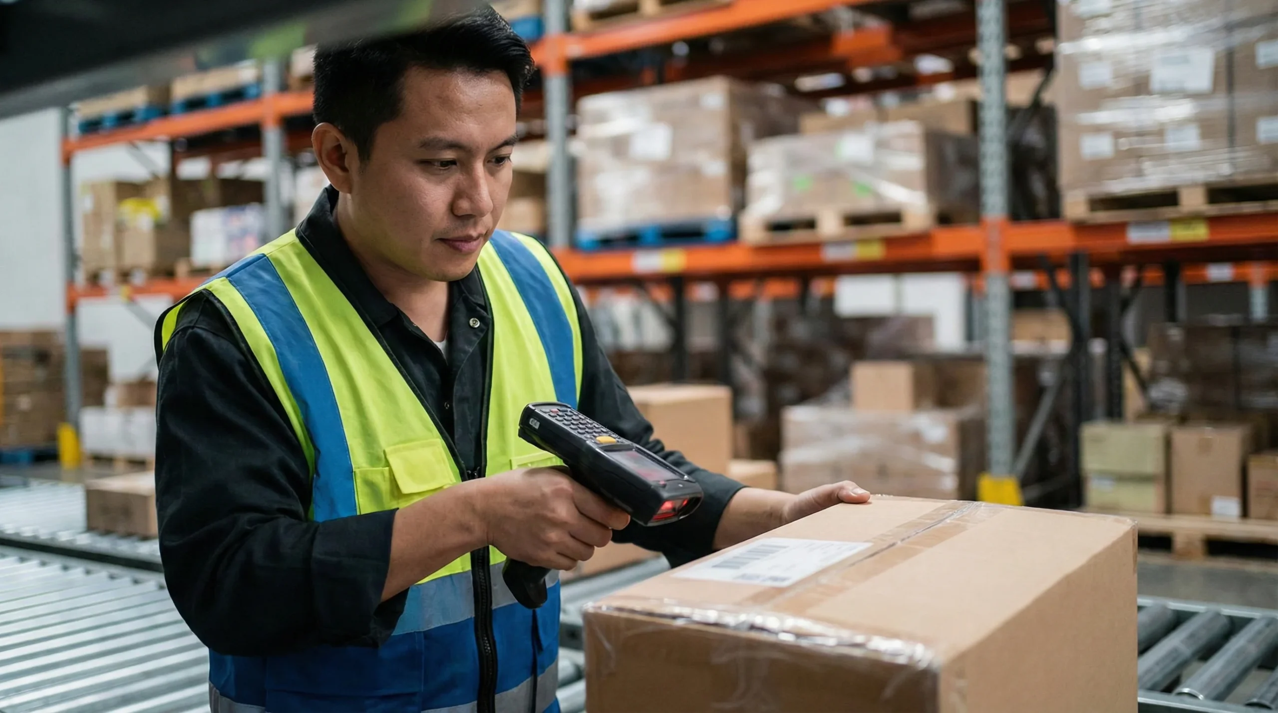 Warehouse worker scanning barcode on package