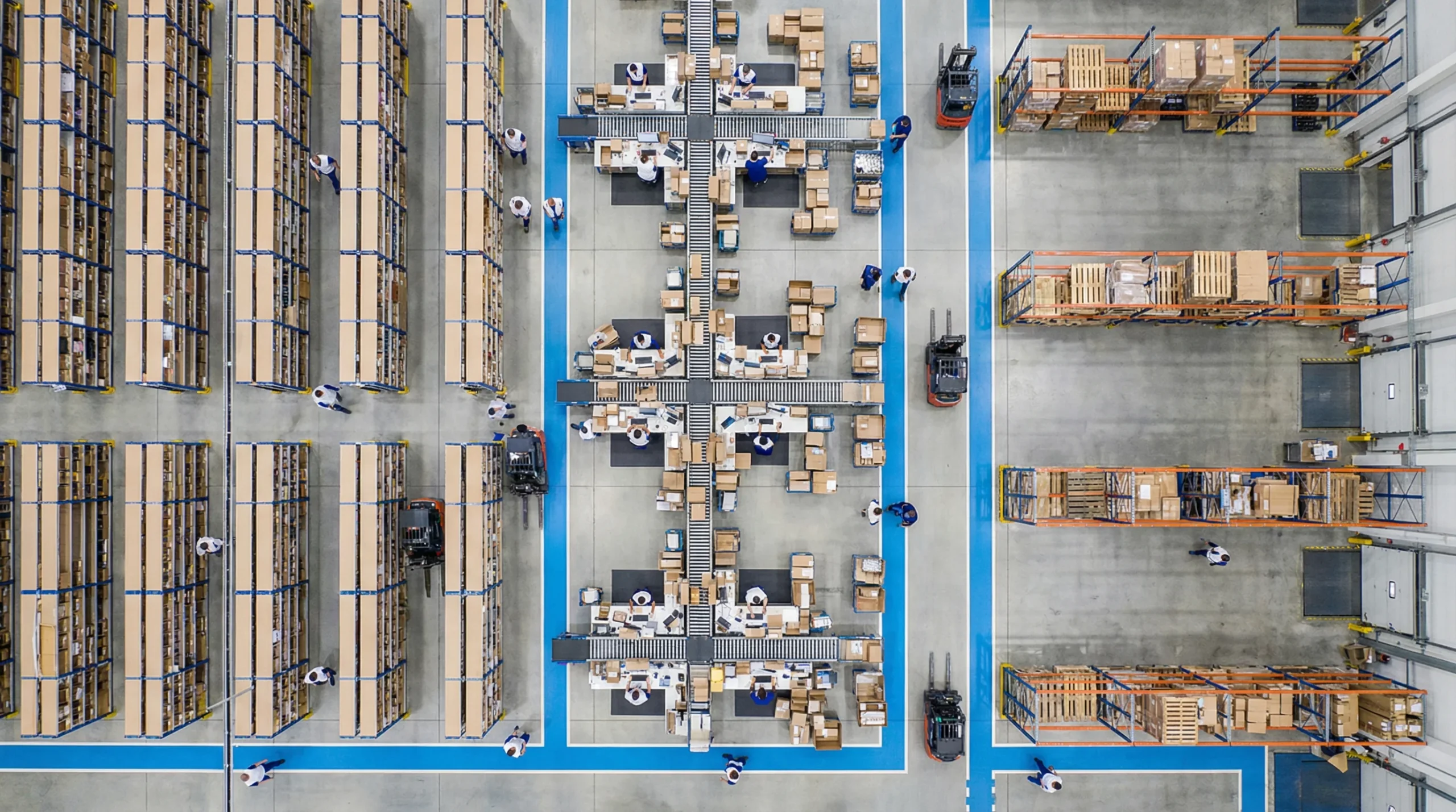 Aerial view of organized warehouse floor