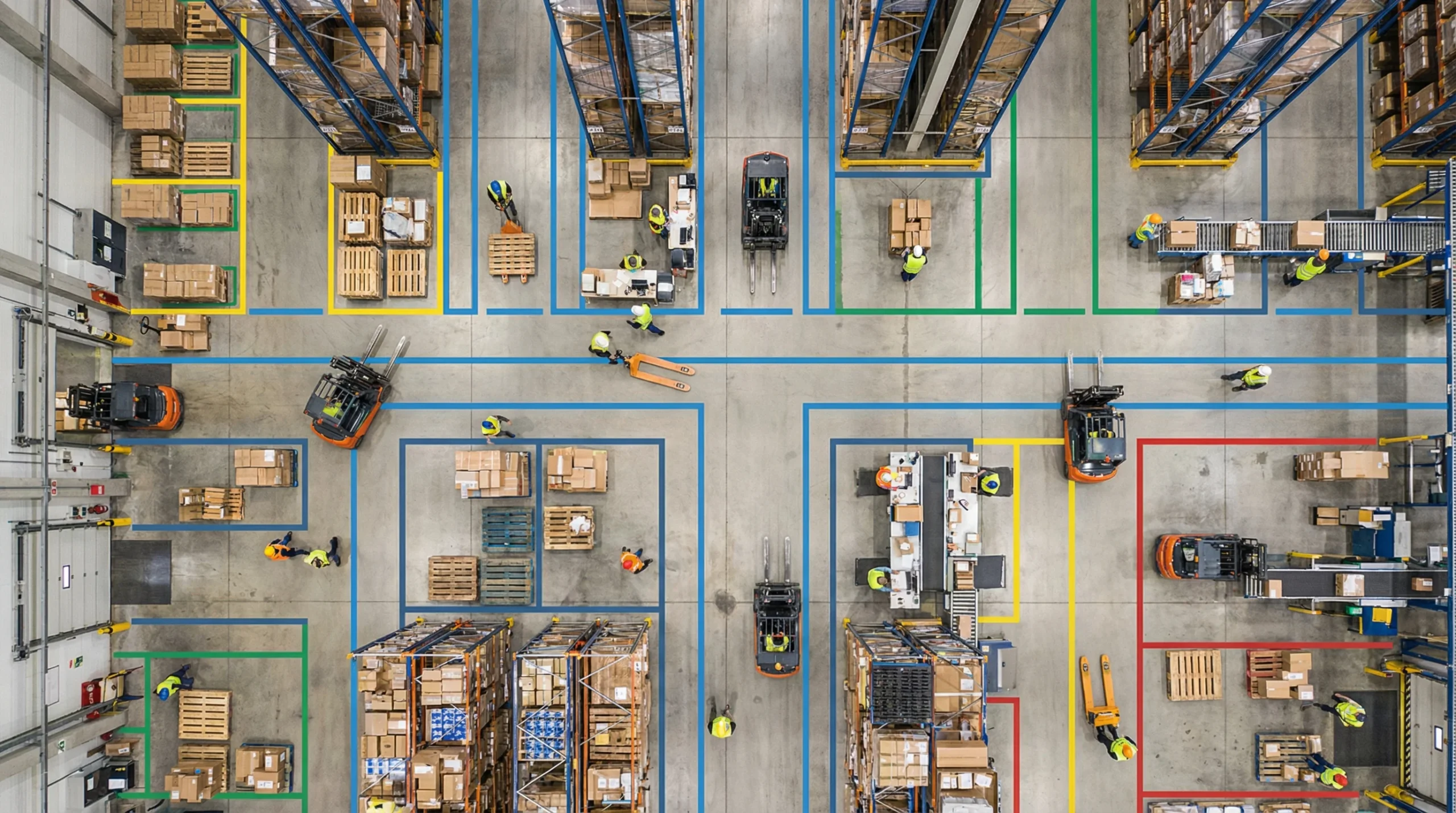 Aerial view of organized warehouse floor