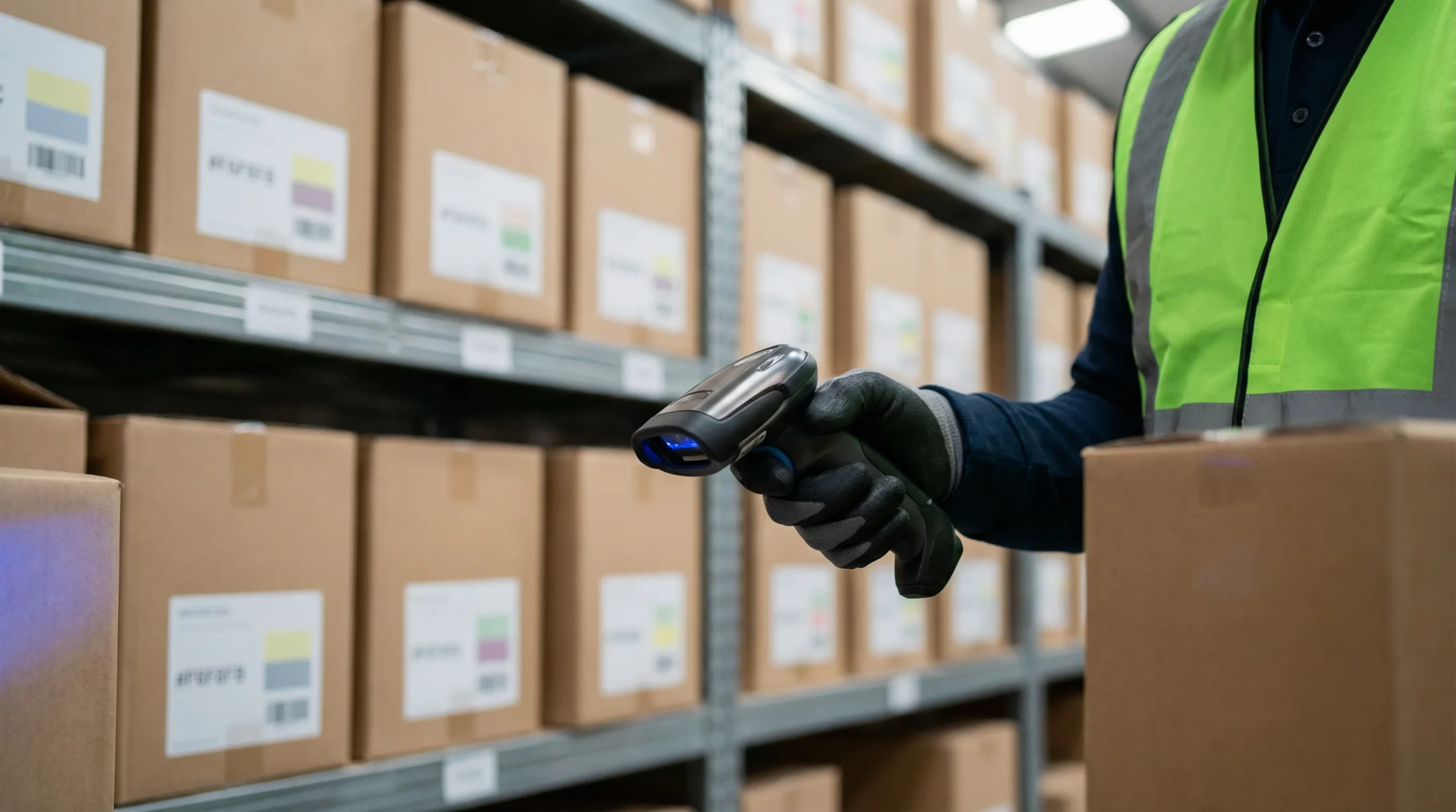 Warehouse worker scanning barcode on package