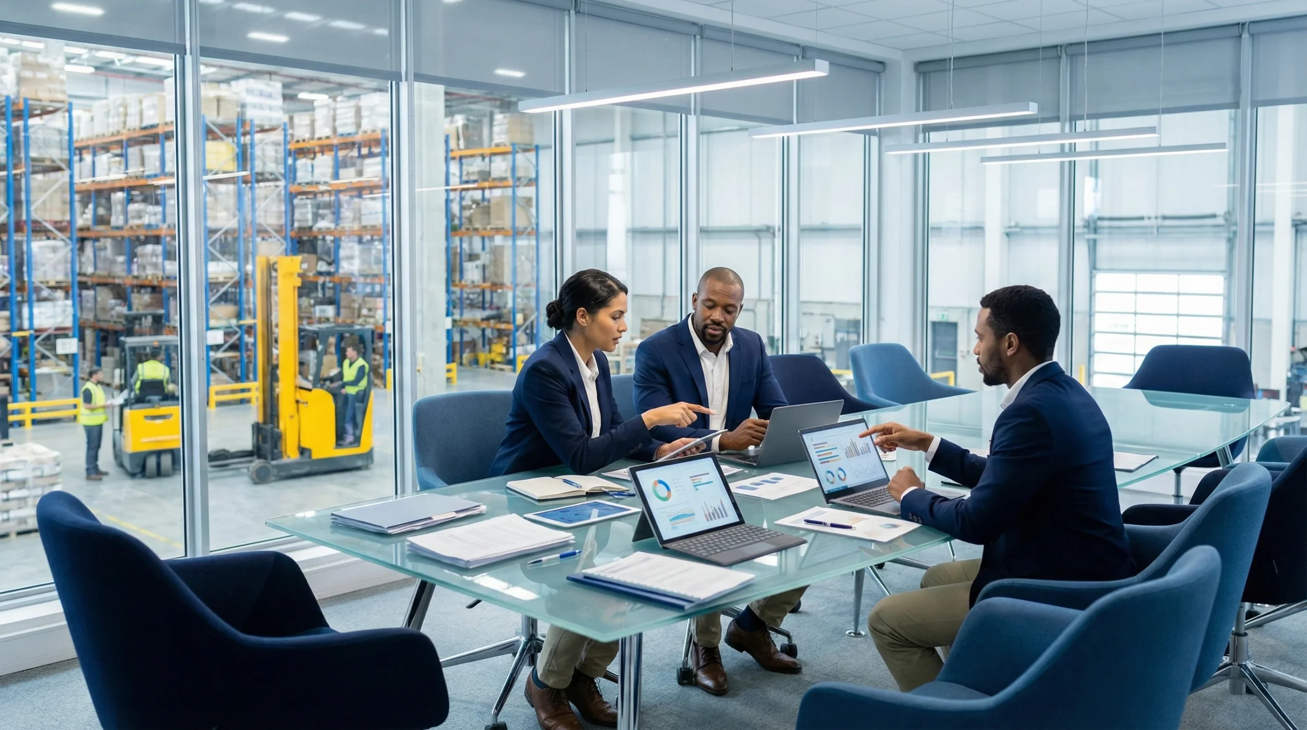 Business professionals evaluating WMS software in conference room