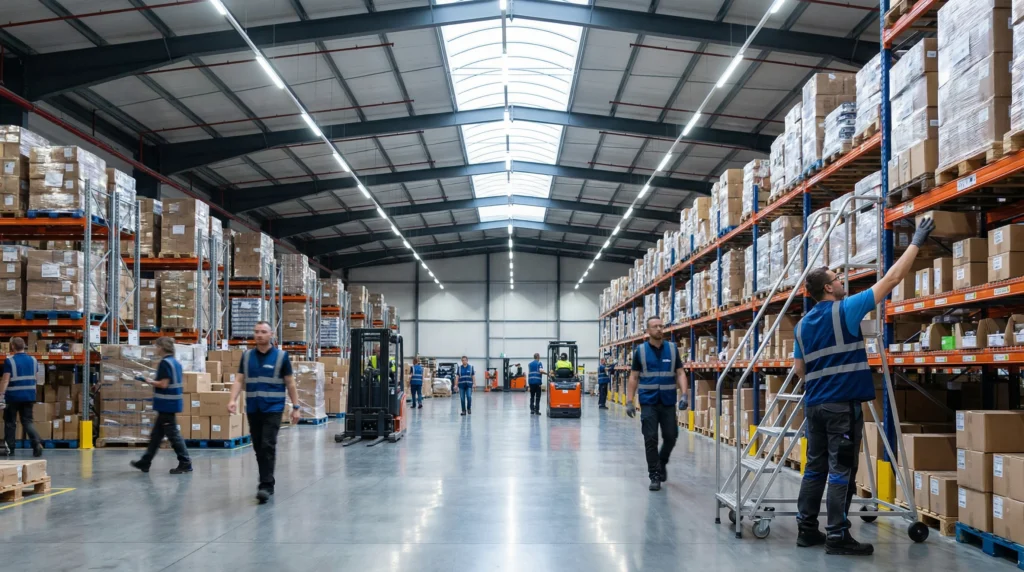 Warehouse interior with barcode scanning system.