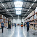 Warehouse interior with barcode scanning system.